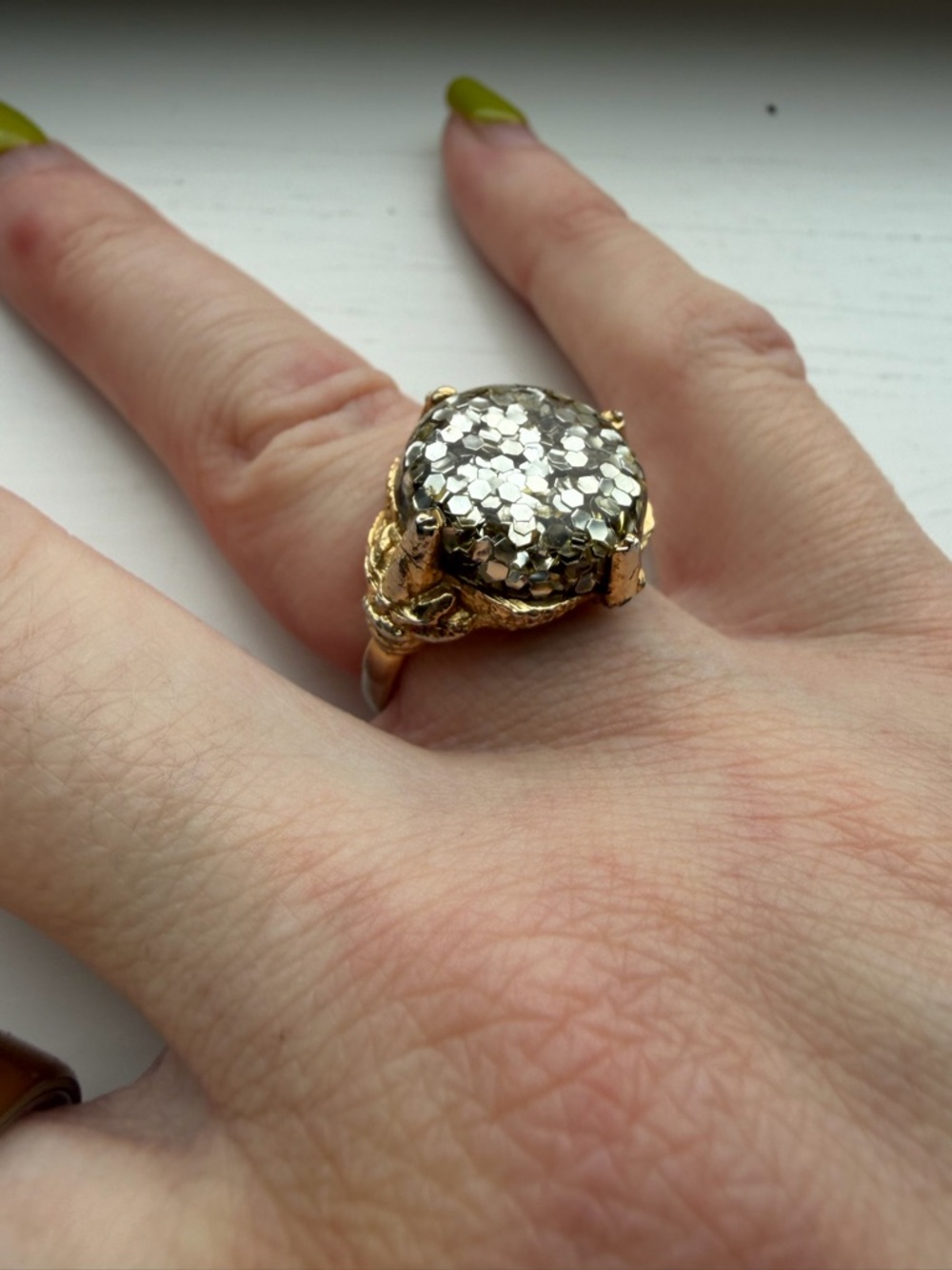 Gold-Tone Chunky Cocktail Ring with Silver Glitter Dome - Size 5.5